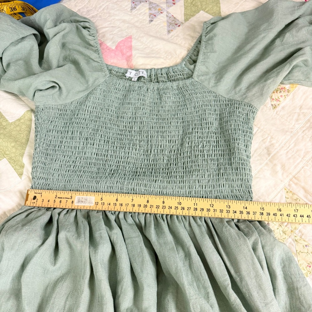 Ivy City Co Sage Green Smocked Cotton Midi Dress Puff Sleeve Large Cottagecore - Picture 9 of 10